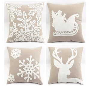 4 Christmas Pillow Covers Embroidery Sleigh Snowflakes Square 18 x 18